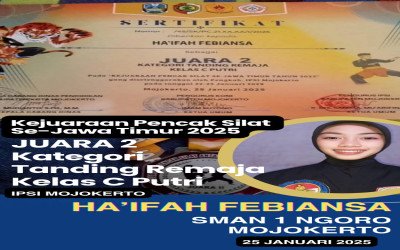 PRESTASI MEMBANGGAKAN: HA’IFAH FEBIANSA RAIH JUARA 2 LOMBA PENCAK SILAT SE-JAWA TIMUR